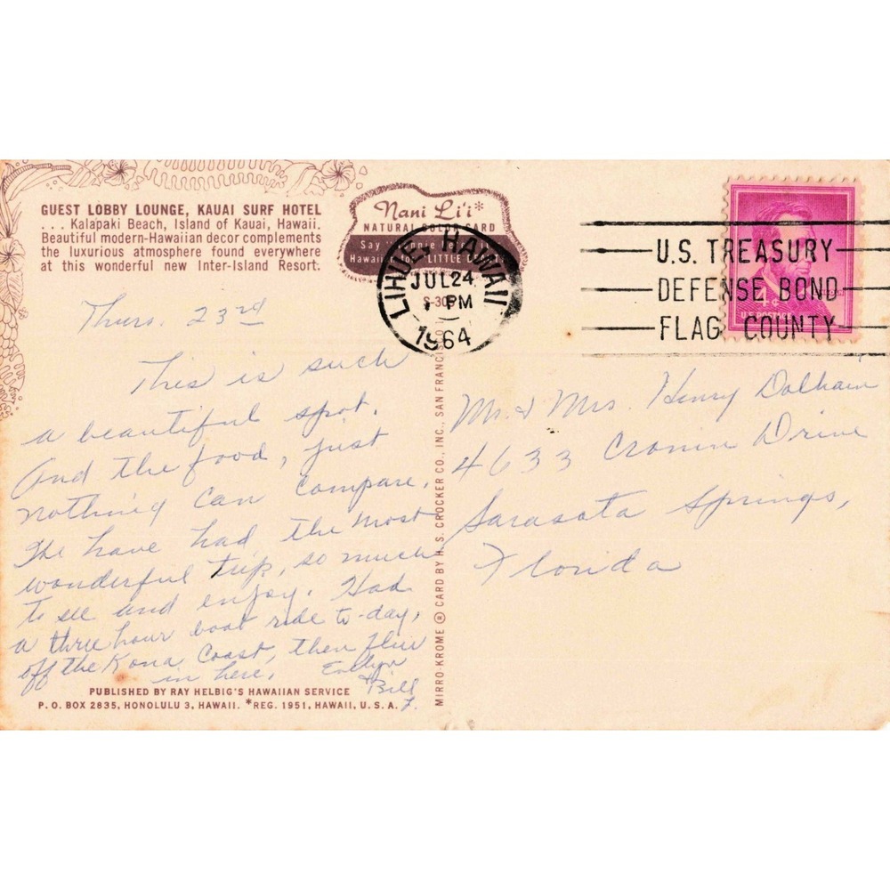 Vintage 1964 Kauai Surf Hotel Guest Lobby Lounge Hawaii Postcard Kalapaki Beach - Picture 2 of 2